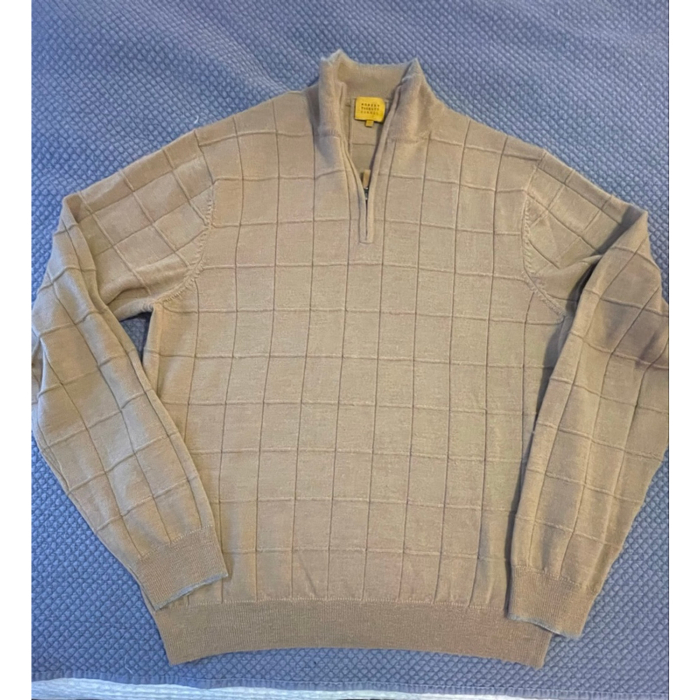 Robert Talbott Carmel 100% Wool Quarter Zip Sweater Tan Beige Windowpane M